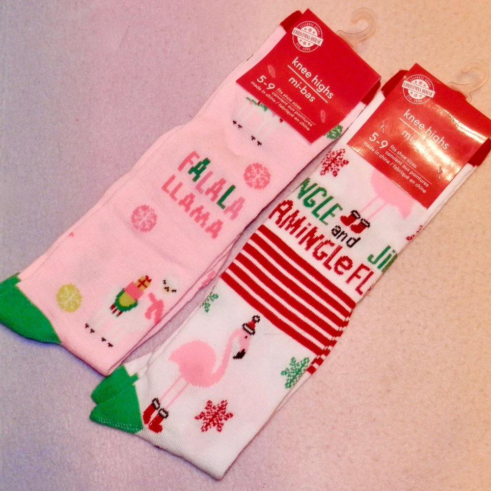 WOMEN'S CHRISTMAS KNEE HIGHS * 2 PAIR SET * LLAMA AND FLAMINGO * CUTE * NEW *